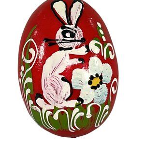 Wood Hand Painted Easter Egg Red Bunny Rabbit Floral Design Folk Art Spring